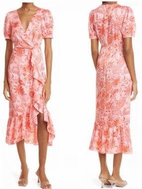 CINQ A SEPT Kay Faux Wrap Floral Print Short Flutter Sleeve MIDI Cocktail Dress